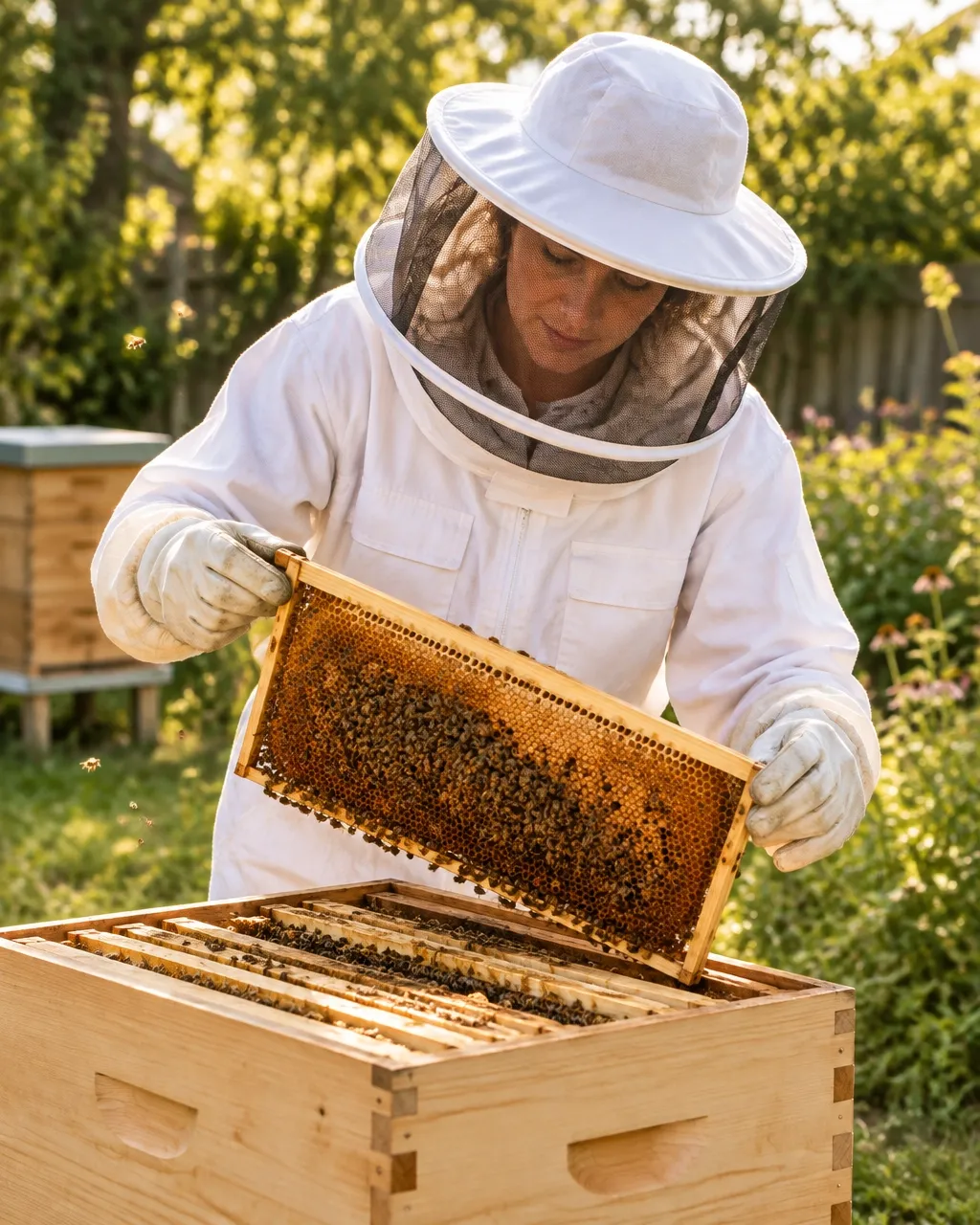 A beekeeper tending a hive in a sunny garden apiary