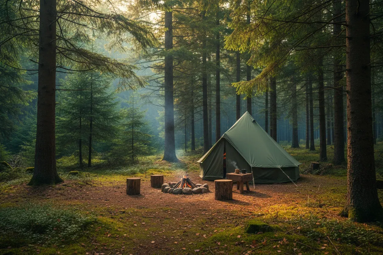 A quiet tent and campfire in a sunlit forest