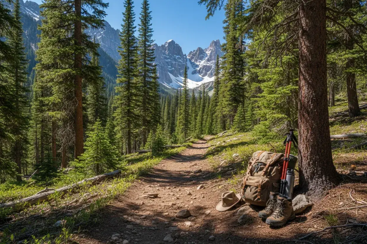 Backpack and hiking gear beside a forest trail
